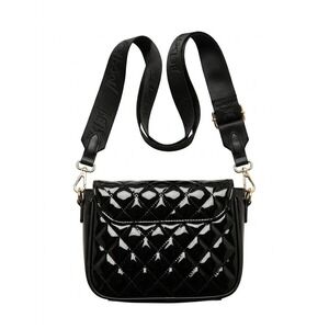 Betsey Johnson Black Patent Quilted Heart Crossbody Bag Gold Logo Pink Lining